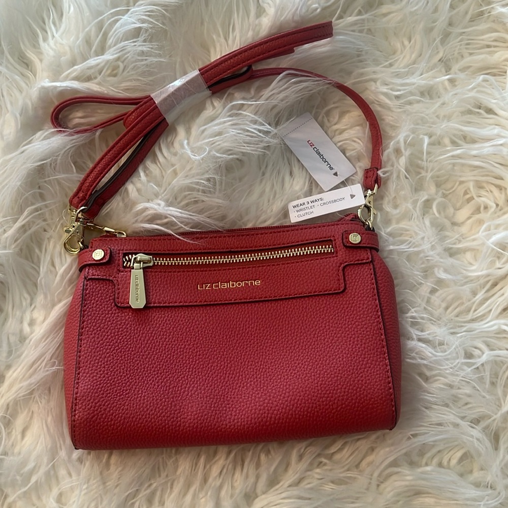 Liz Claiborne Red Pebbled Convertible 3-Way Crossbody Wristlet Clutch Bag NWT